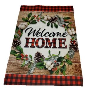 "Welcome‎ Home" Winter Holiday Christmas Red Check Wreath Garden Flag 18 X 12
